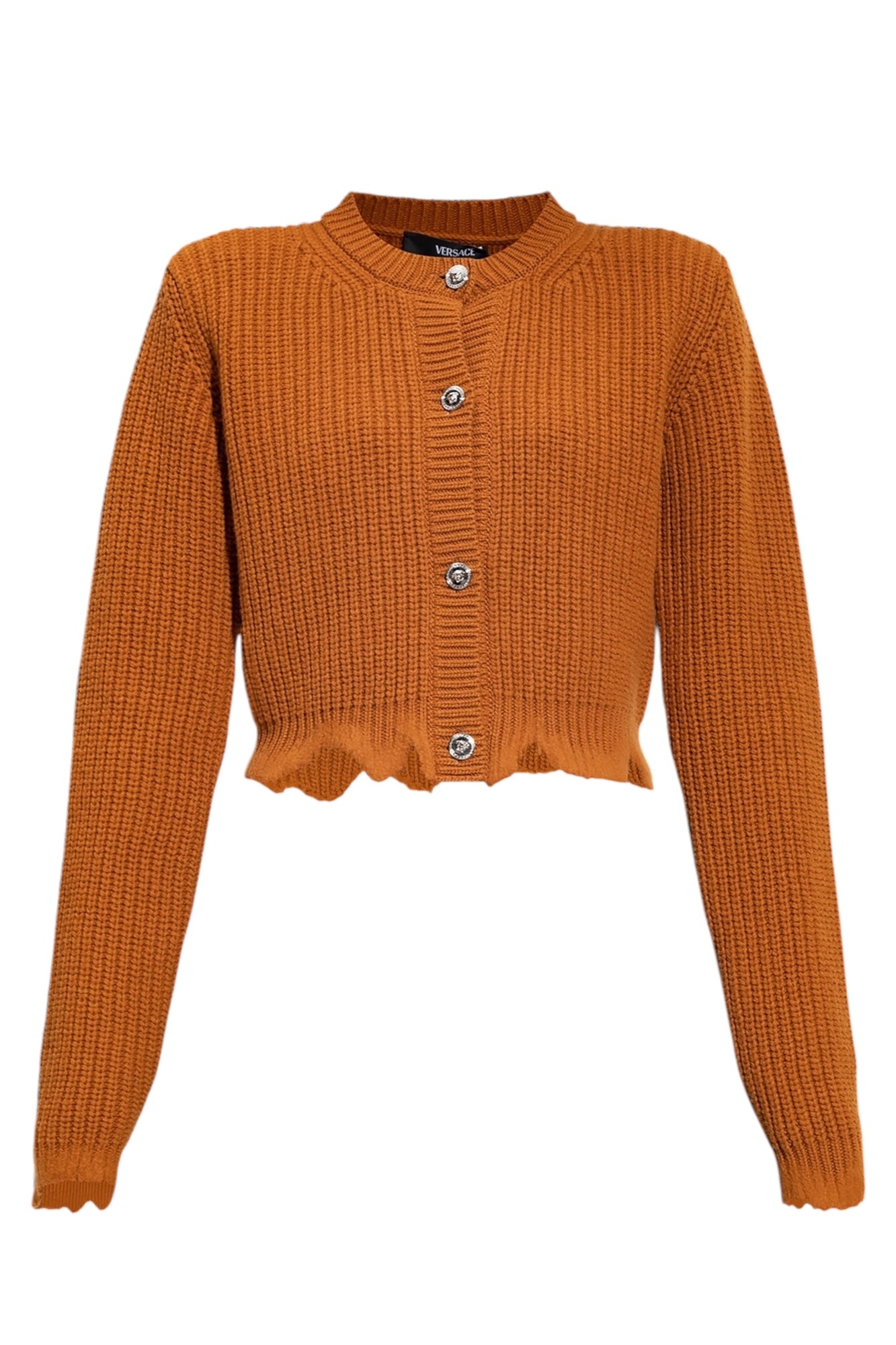 Cardigan Versace donna in lana 100% color cammello, bottoni Medusa, Made in Italy