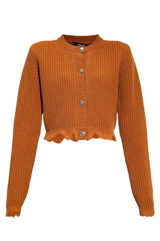 Cardigan Versace donna in lana 100% color cammello, bottoni Medusa, Made in Italy