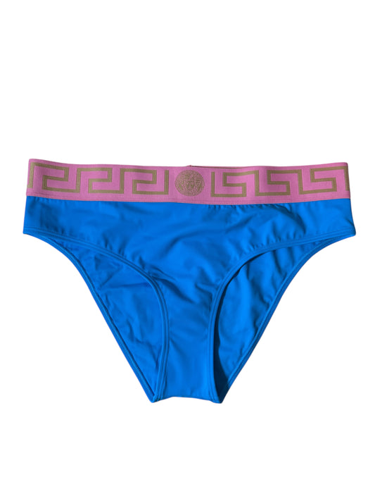 Slip bikini donna Versace blu con fascia Greca rosa e oro - Taglia 5 (XL) - Made in Italy