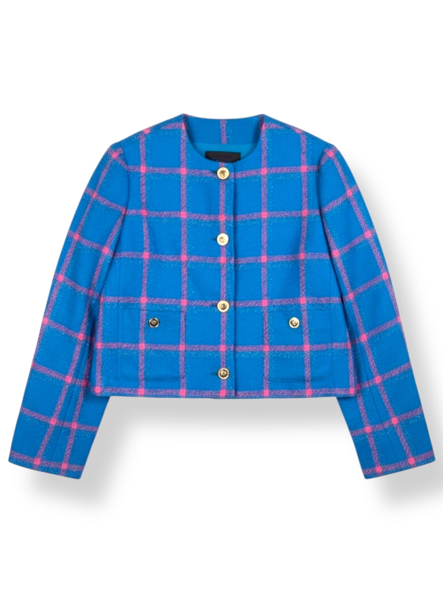 Giacca Versace lana lurex quadri Medusa blu rosa nuova taglia 50