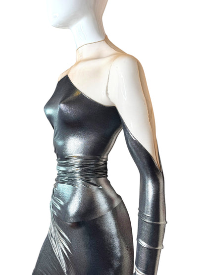 Mugler abito mini asimmetrico chrome silver, taglia 32 FR (36 IT – XXS)