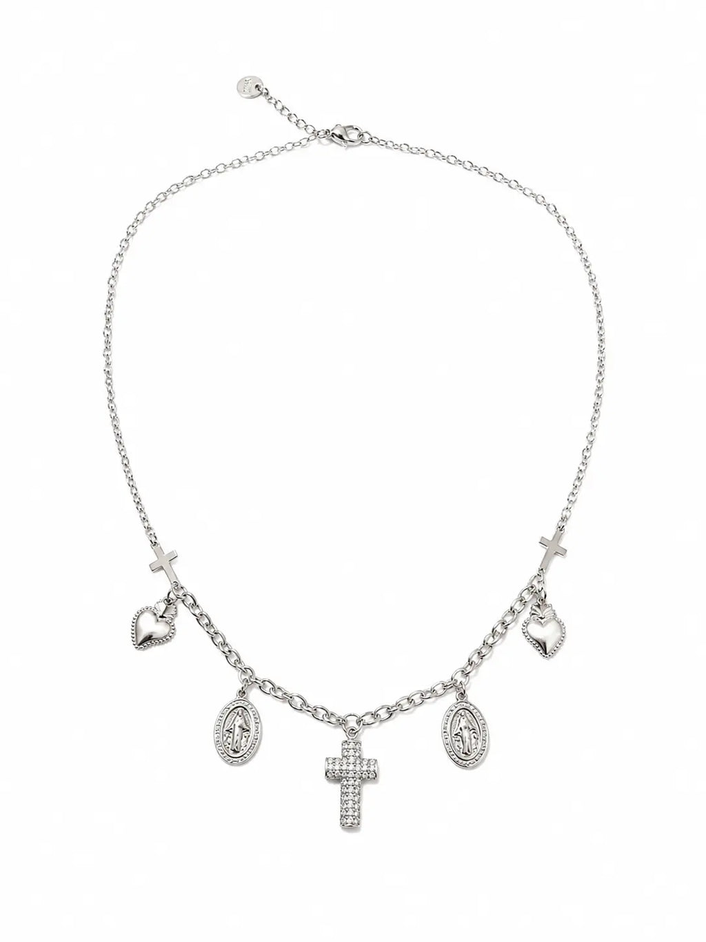 Collana argentata con croci, cuori sacri e medaglie