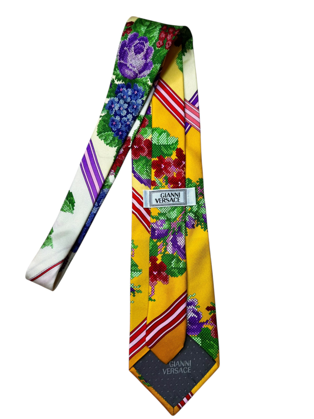 Cravatta Gianni Versace Vintage Seta Floreale Multicolor Fondo Giallo — foto 4