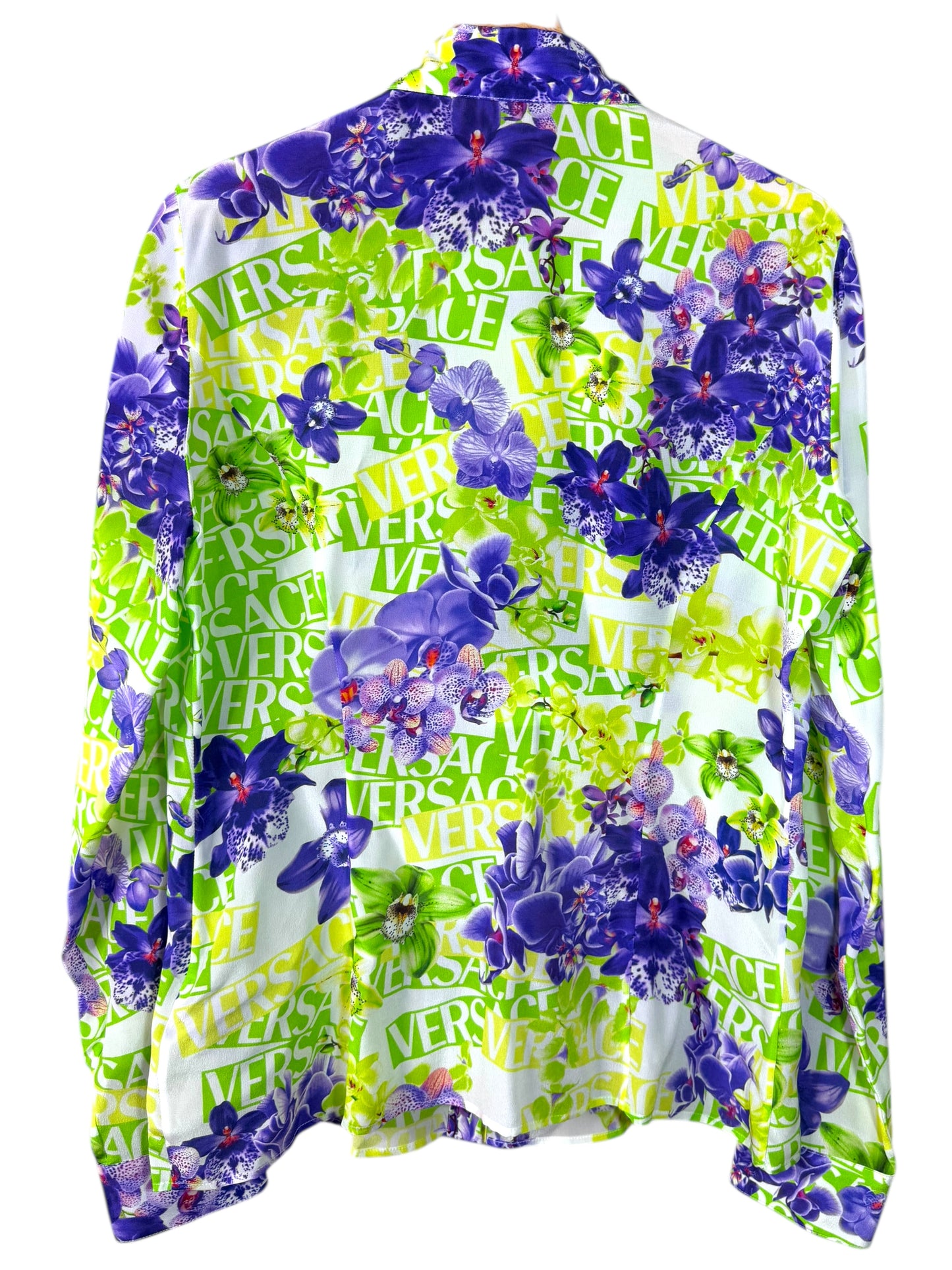 Camicia donna Versace 100% seta stampa orchidee logo – Tg. 46
