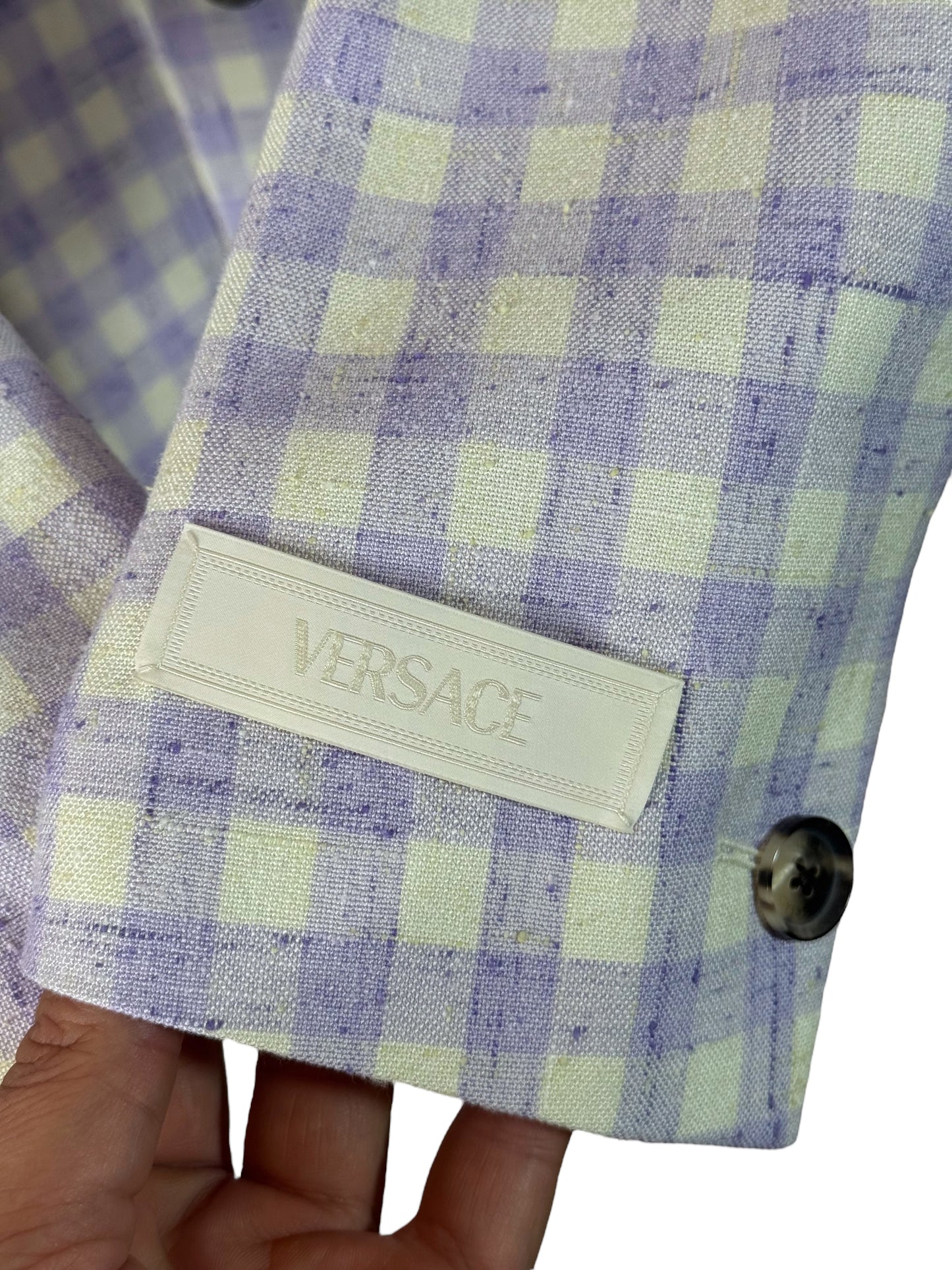 Versace completo uomo giacca e pantalone a quadri lilla/avorio Tg. 48 Made in Italy