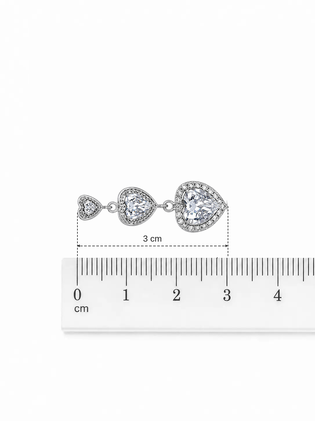 Orecchini pendenti argentati con cuori e cristalli 3 cm