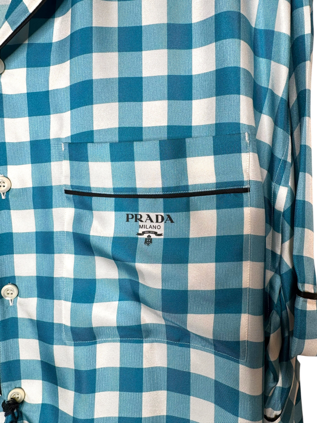 Prada camicia seta fantasia check azzurro bianco logo ricamato L — foto 2