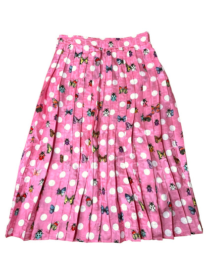 Versace gonna midi plissettata rosa con pois e stampa farfalle e coccinelle
