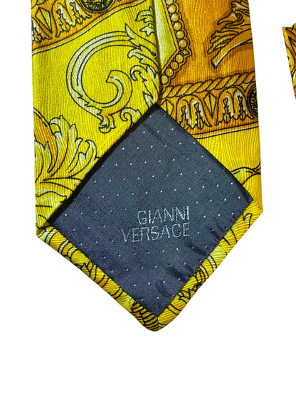 Cravatta vintage Gianni Versace oro barocco con orologi e angeli – 100% seta Made in Italy