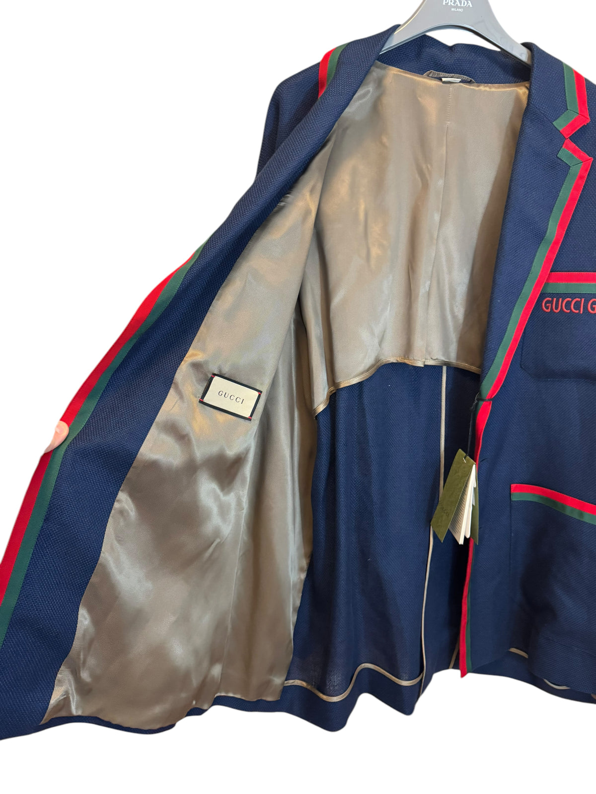 Giacca Blazer Gucci in lino blu con Web stripe e ricamo — foto 12