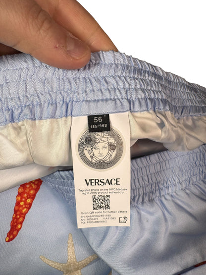 Shorts Versace in seta stampa marina azzurro, nuovi con cartellino
