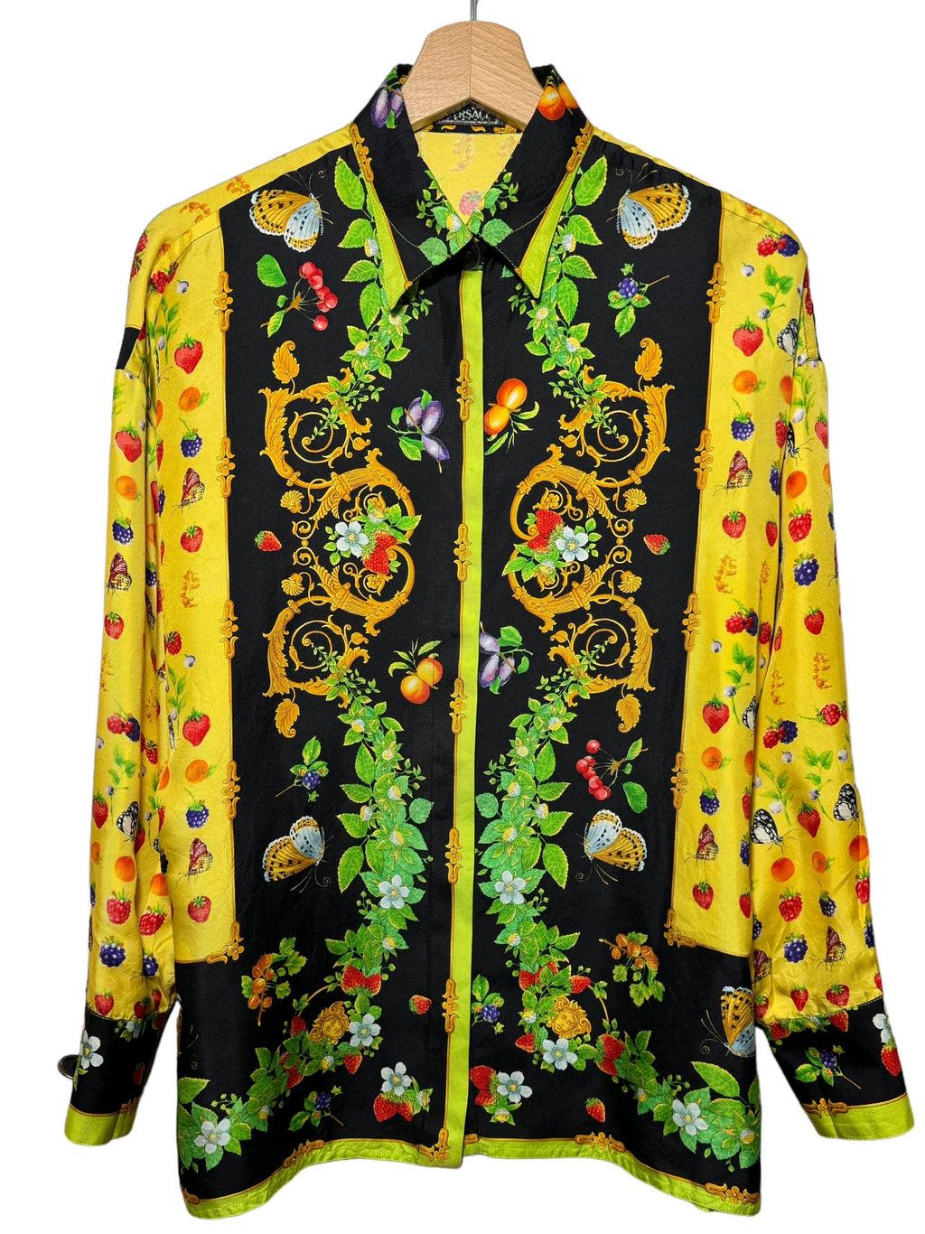 Gianni Versace camicia vintage donna stampa frutta e farfalle seta