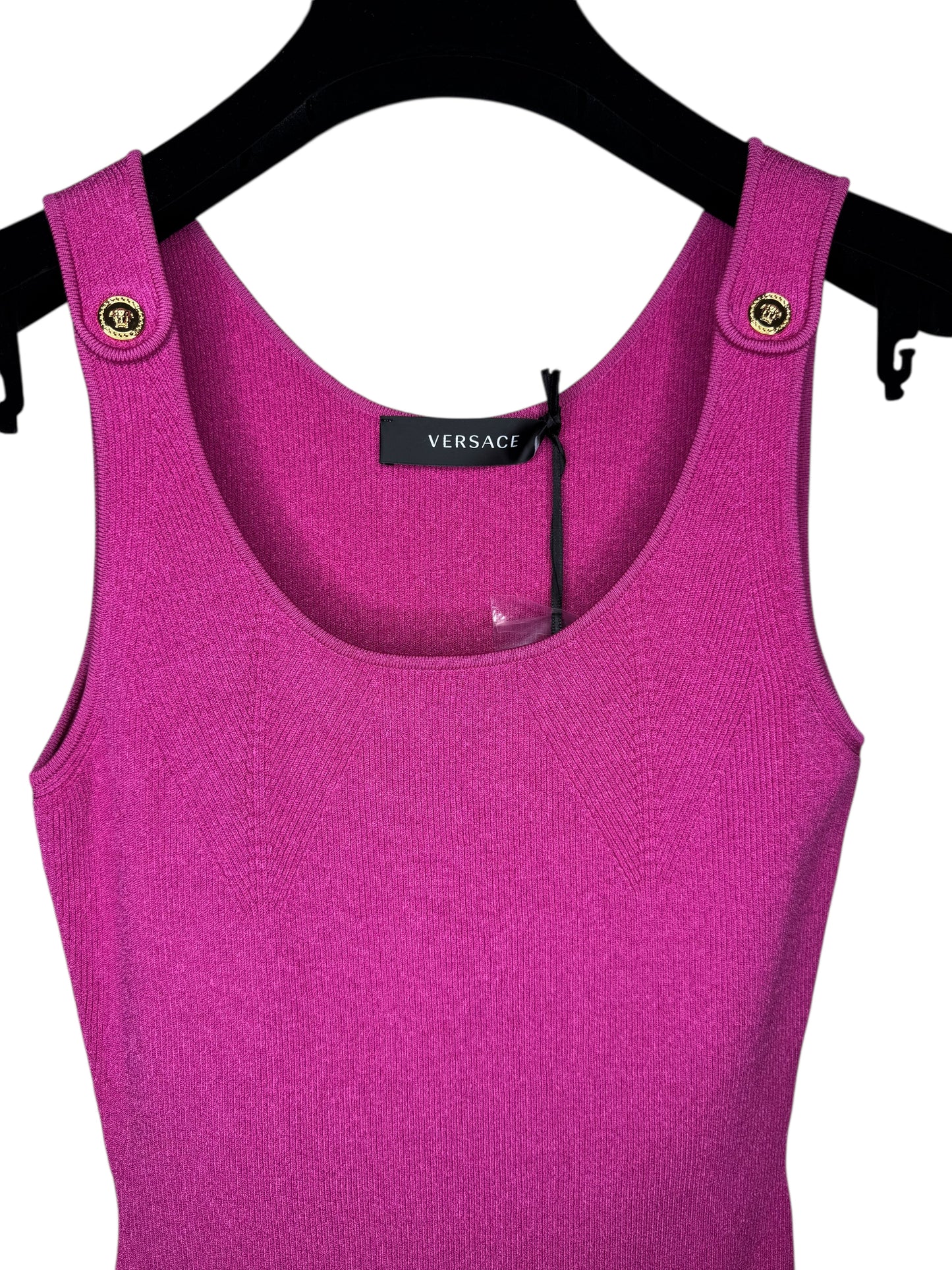 Vestito Versace fucsia in maglia stretch con bottoni Medusa dorati – Taglia IT 38