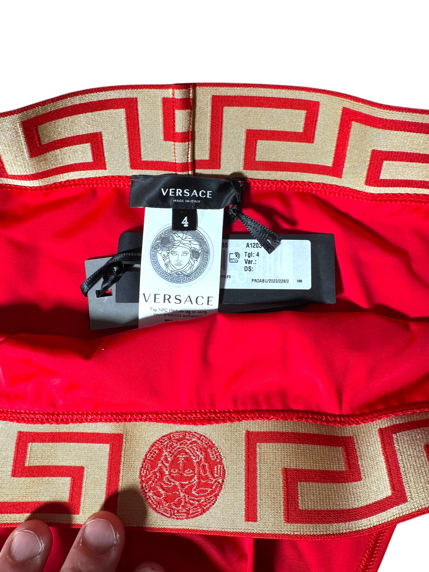Costume da bagno donna VERSACE rosso – Slip con fascia Greca dorata – Taglia 4