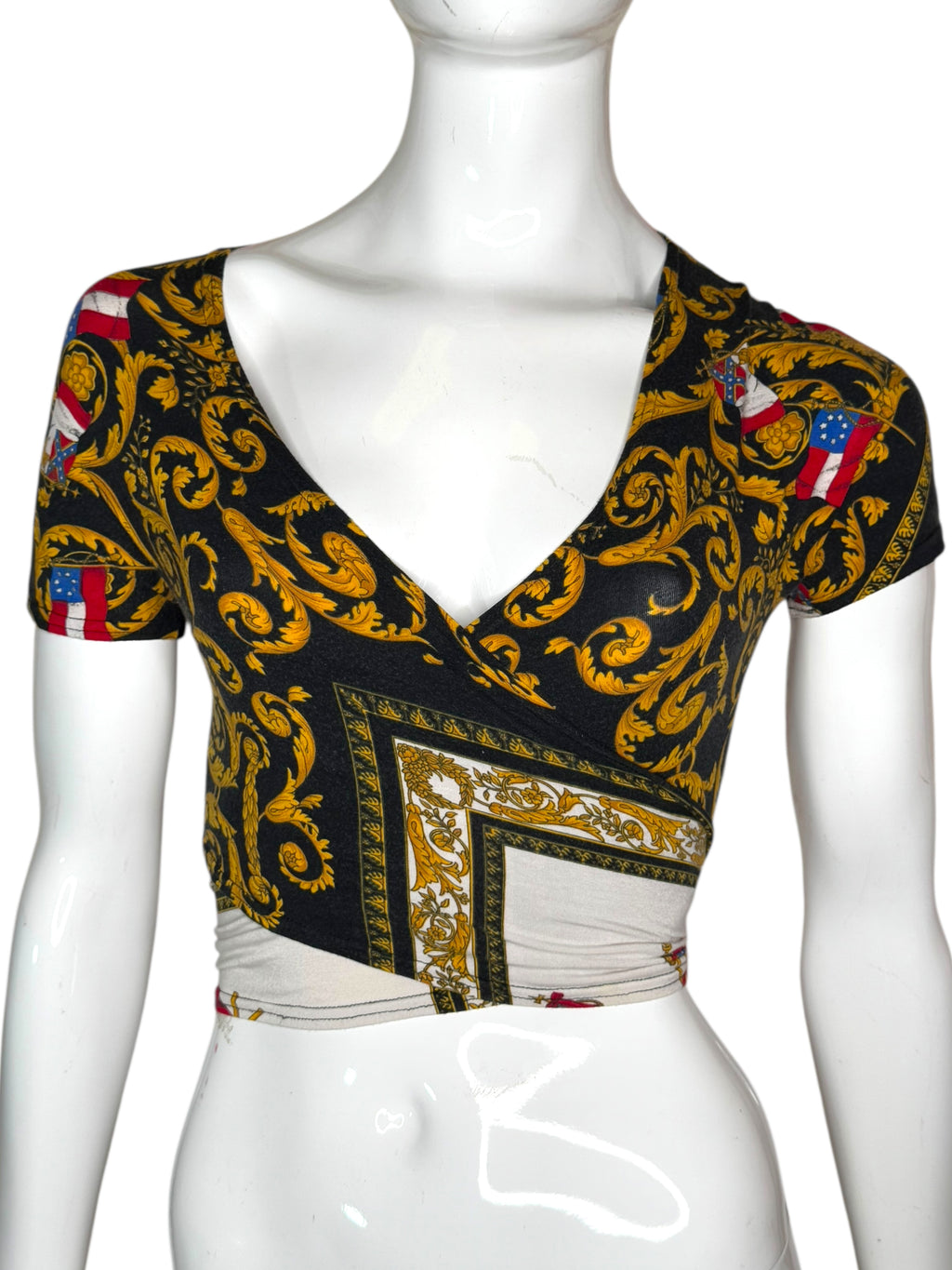 Top vintage Versus Gianni Versace – stampa barocca e bandiere, taglia unica