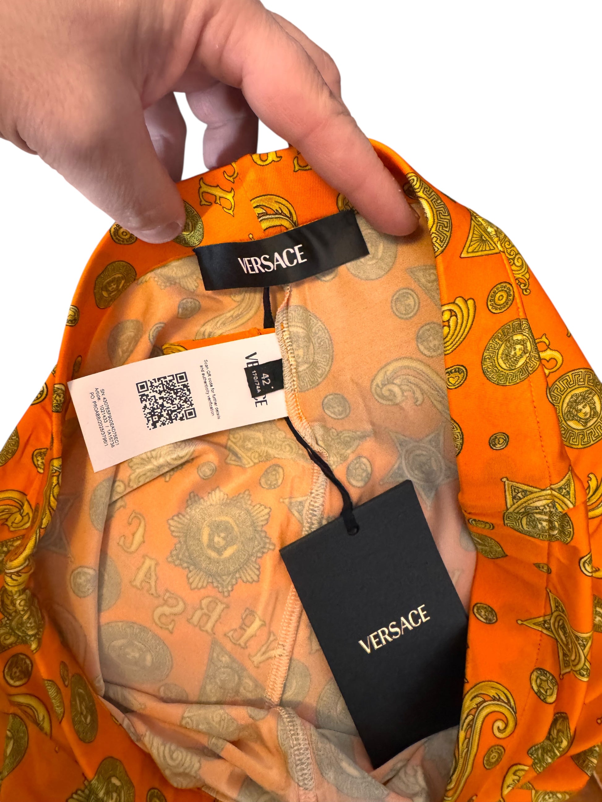 Pantaloni Versace arancioni stampa medusa monete taglia 42 nuovi — foto 6
