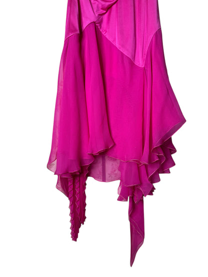 Vestito Versace cocktail in seta fucsia con drappeggi e orlo asimmetrico - taglia 36