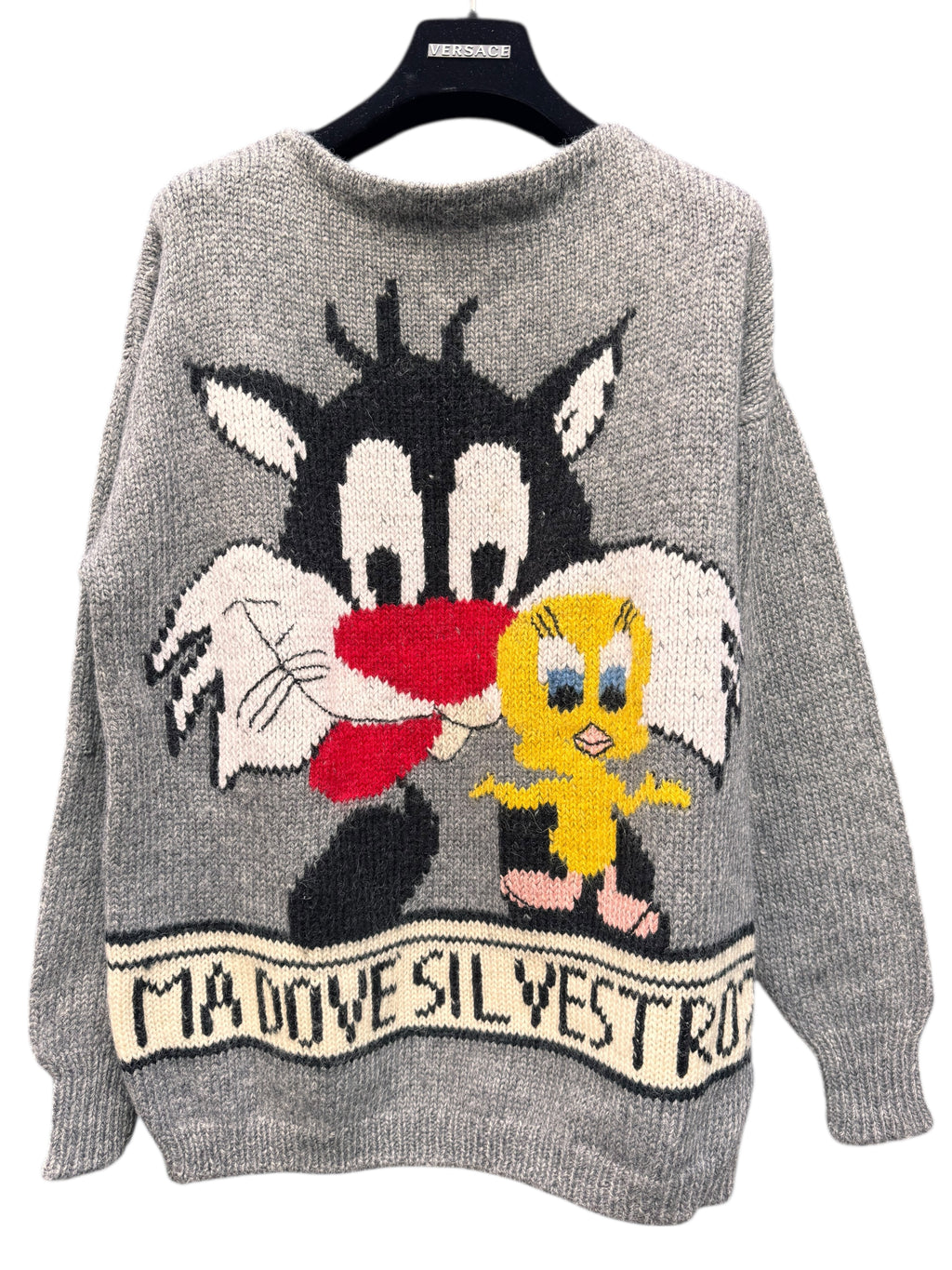 Maglione vintage lana grigio Sylvester & Tweety ricamo frontale