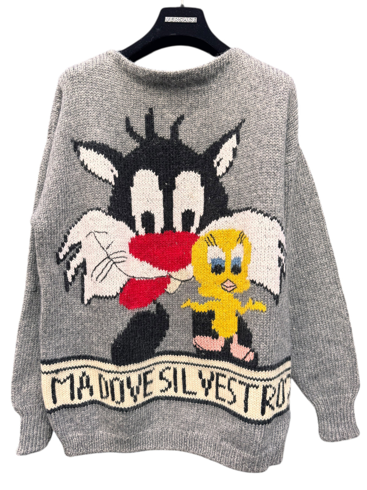 Maglione vintage lana grigio Sylvester & Tweety ricamo frontale
