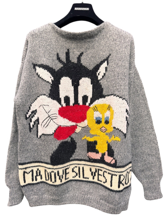 Maglione vintage lana grigio Sylvester & Tweety ricamo frontale - taglia L