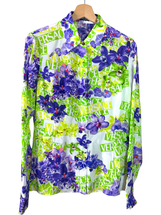 Camicia donna Versace 100% seta stampa orchidee logo – Tg. 46