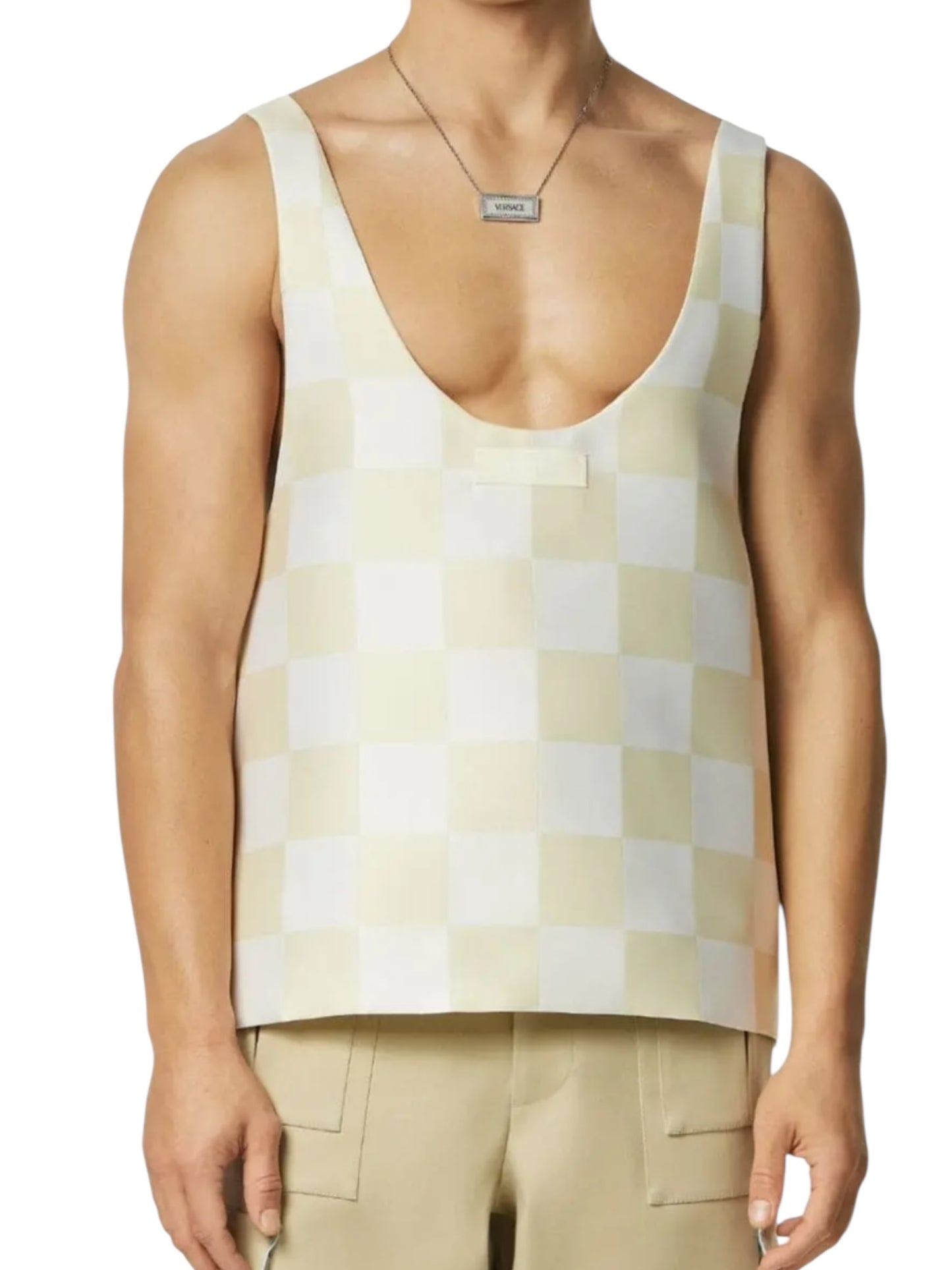 Versace Top Uomo a Quadri Bianchi e Beige Taglia M – Nuovo.