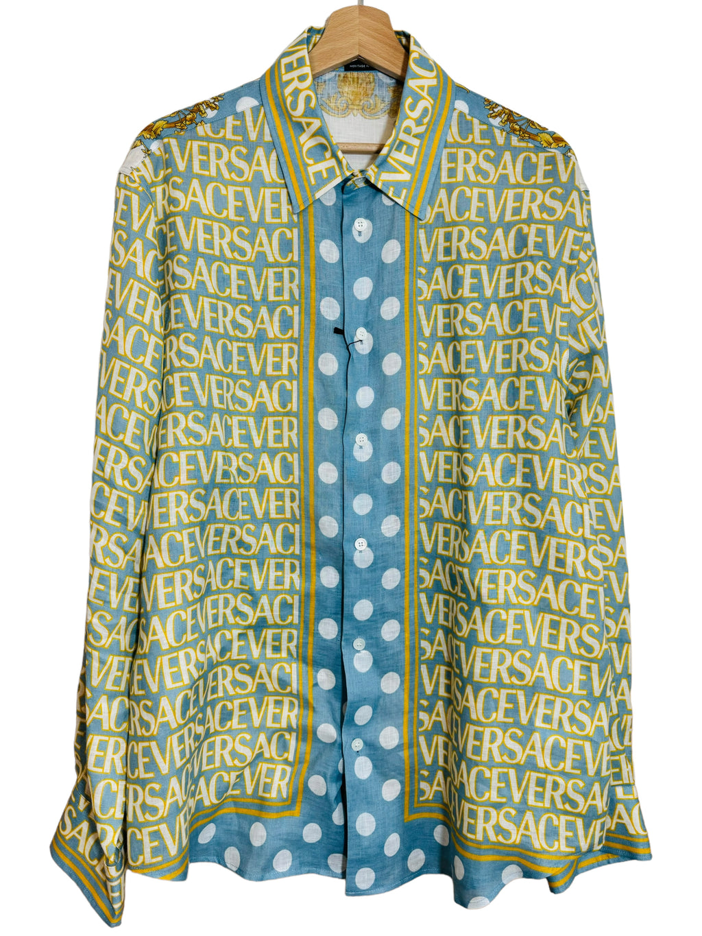 Camicia Versace heritage fit in lino stampa barocco e logo all over azzurro taglia L