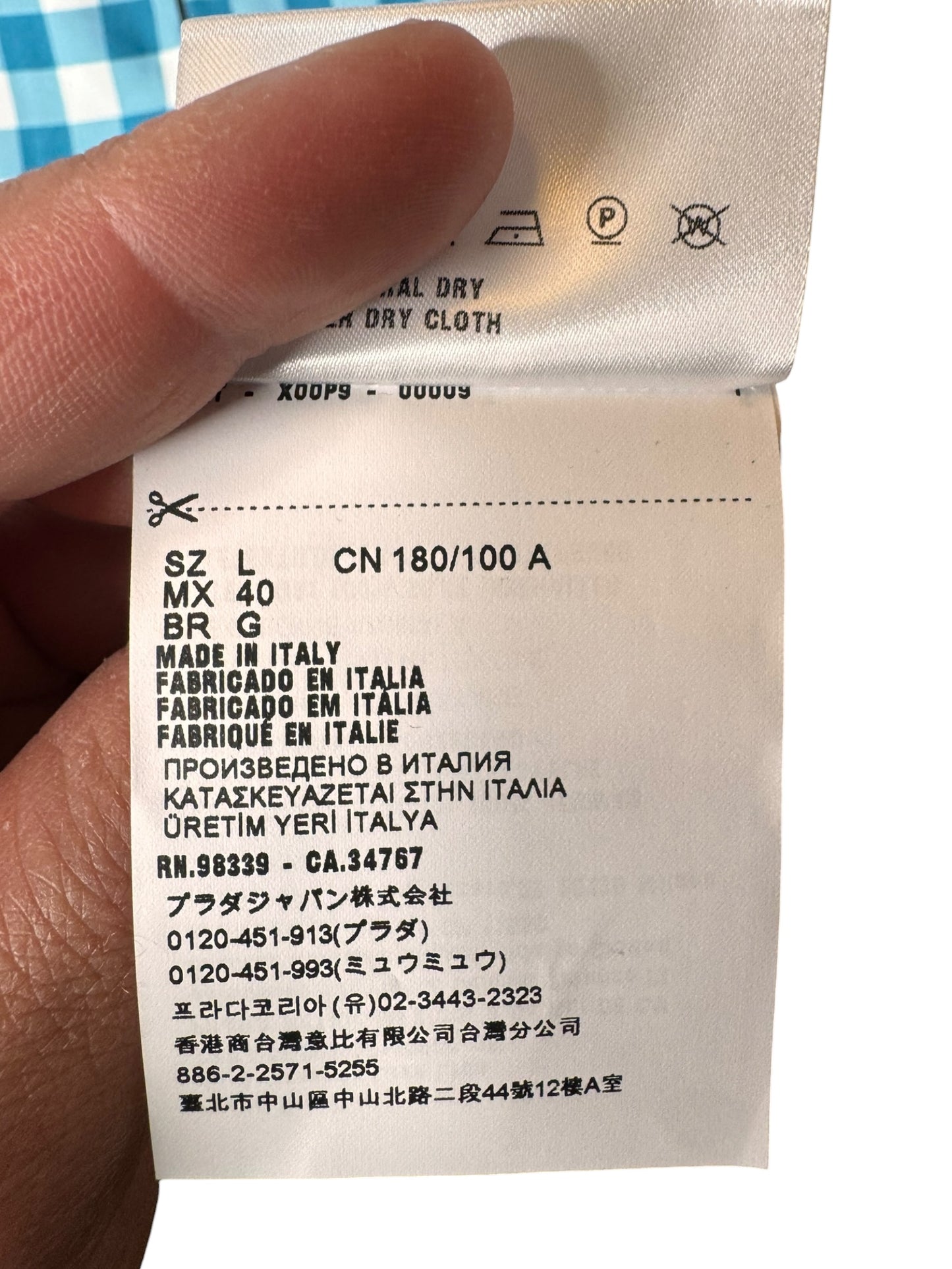 Prada camicia seta fantasia check azzurro bianco logo ricamato L — foto 8