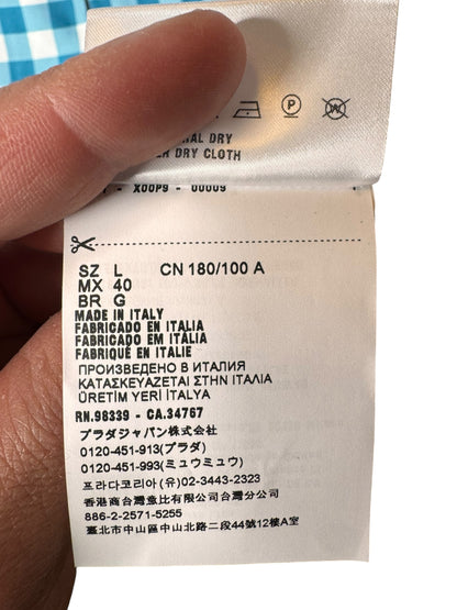 Prada camicia seta fantasia check azzurro bianco logo ricamato L — foto 8