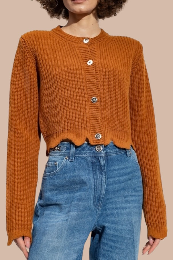 Cardigan Versace donna in lana 100% color cammello, bottoni Medusa, Made in Italy — foto 2