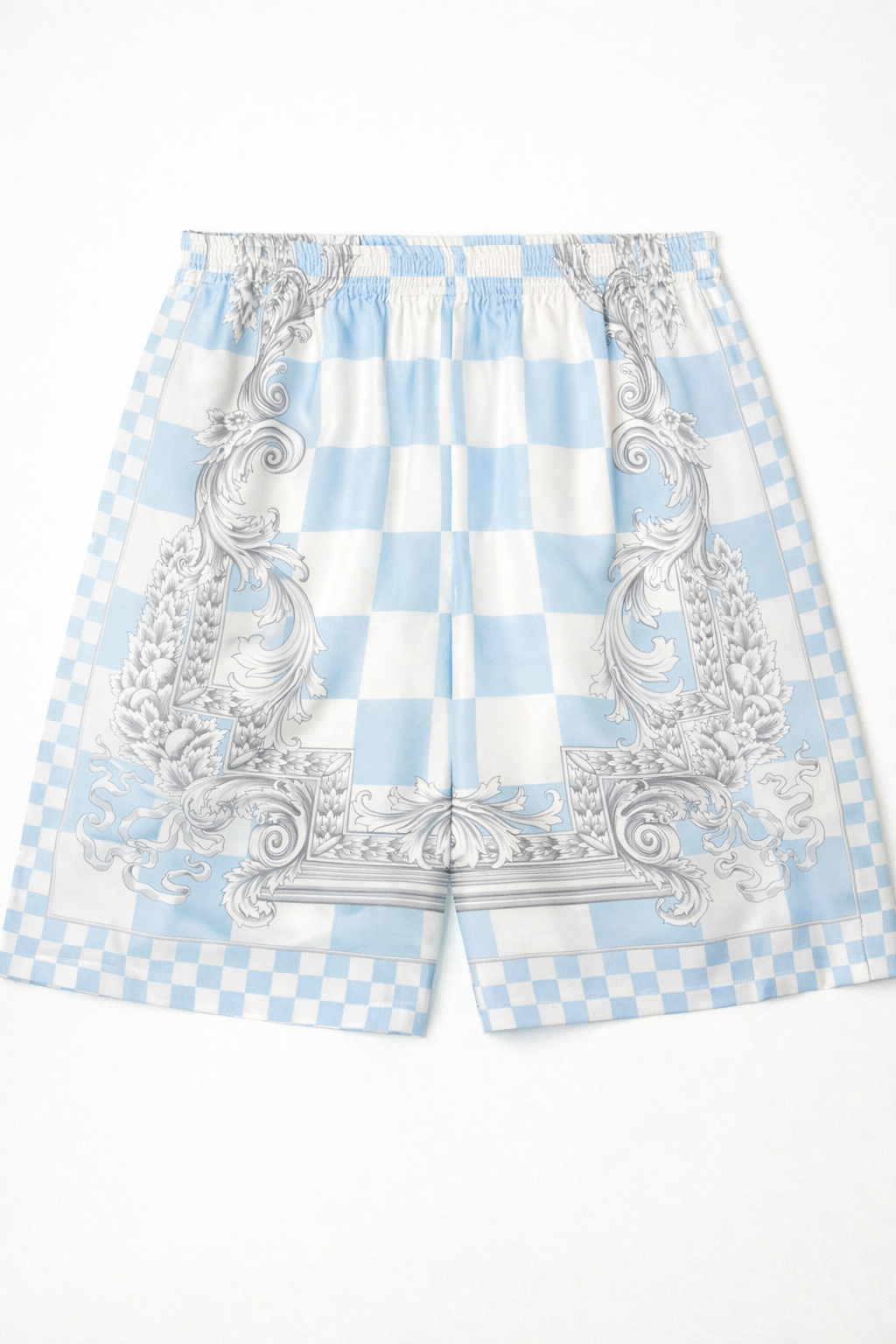 Shorts Versace in seta a quadri azzurri con cornice barocca - tg 56