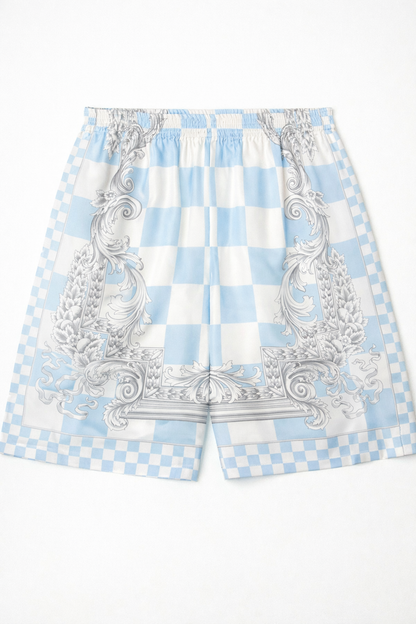 Shorts Versace in seta a quadri azzurri con cornice barocca - tg 56