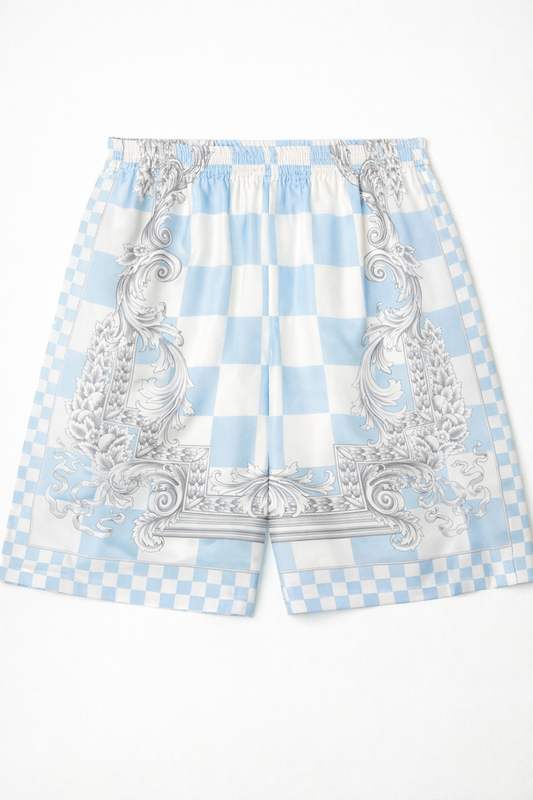 Shorts Versace in seta a quadri azzurri con cornice barocca - tg 56