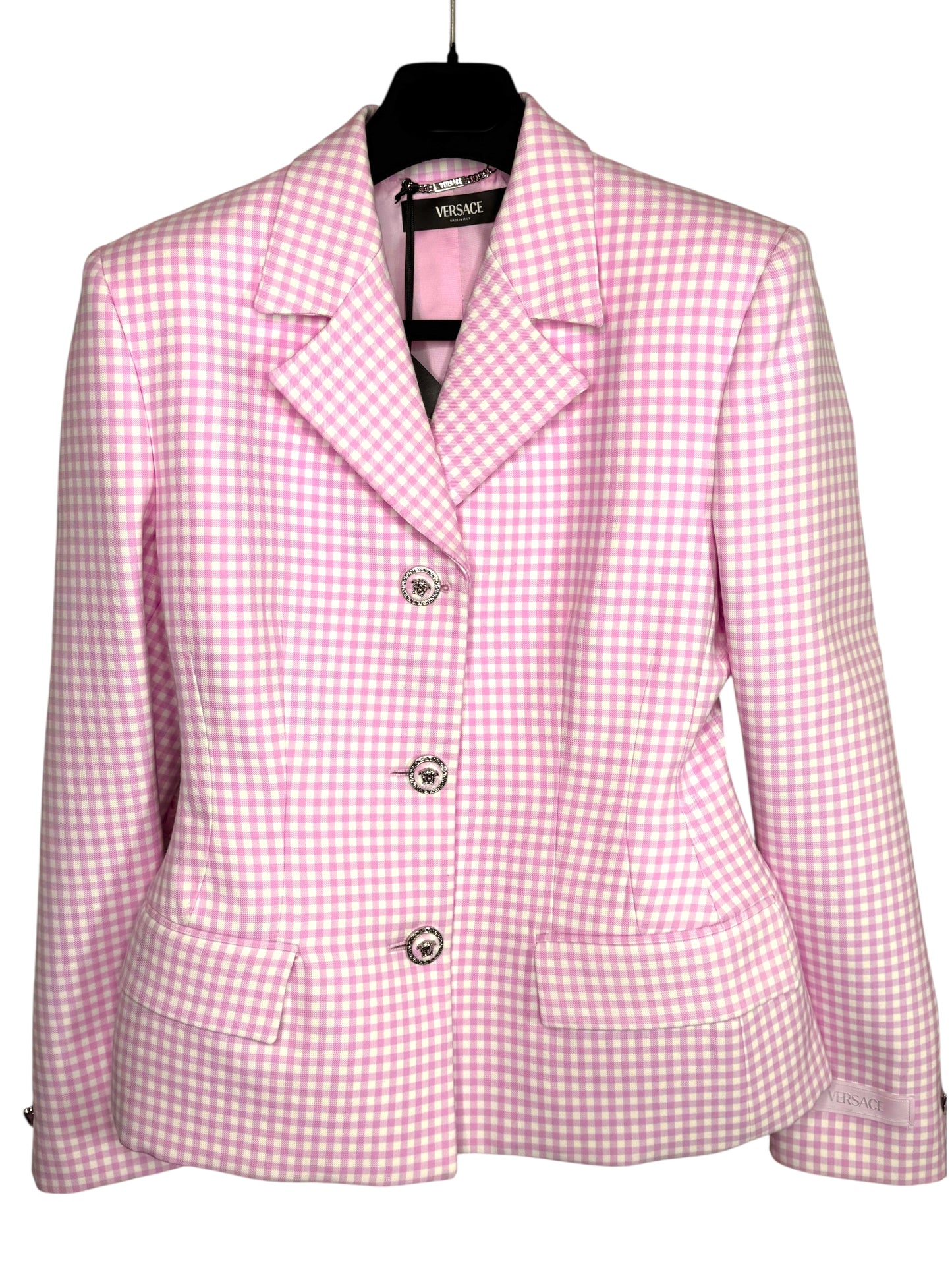 Blazer Versace donna lana vergine rosa vichy bottoni Medusa taglia 42 nuovo — foto 3
