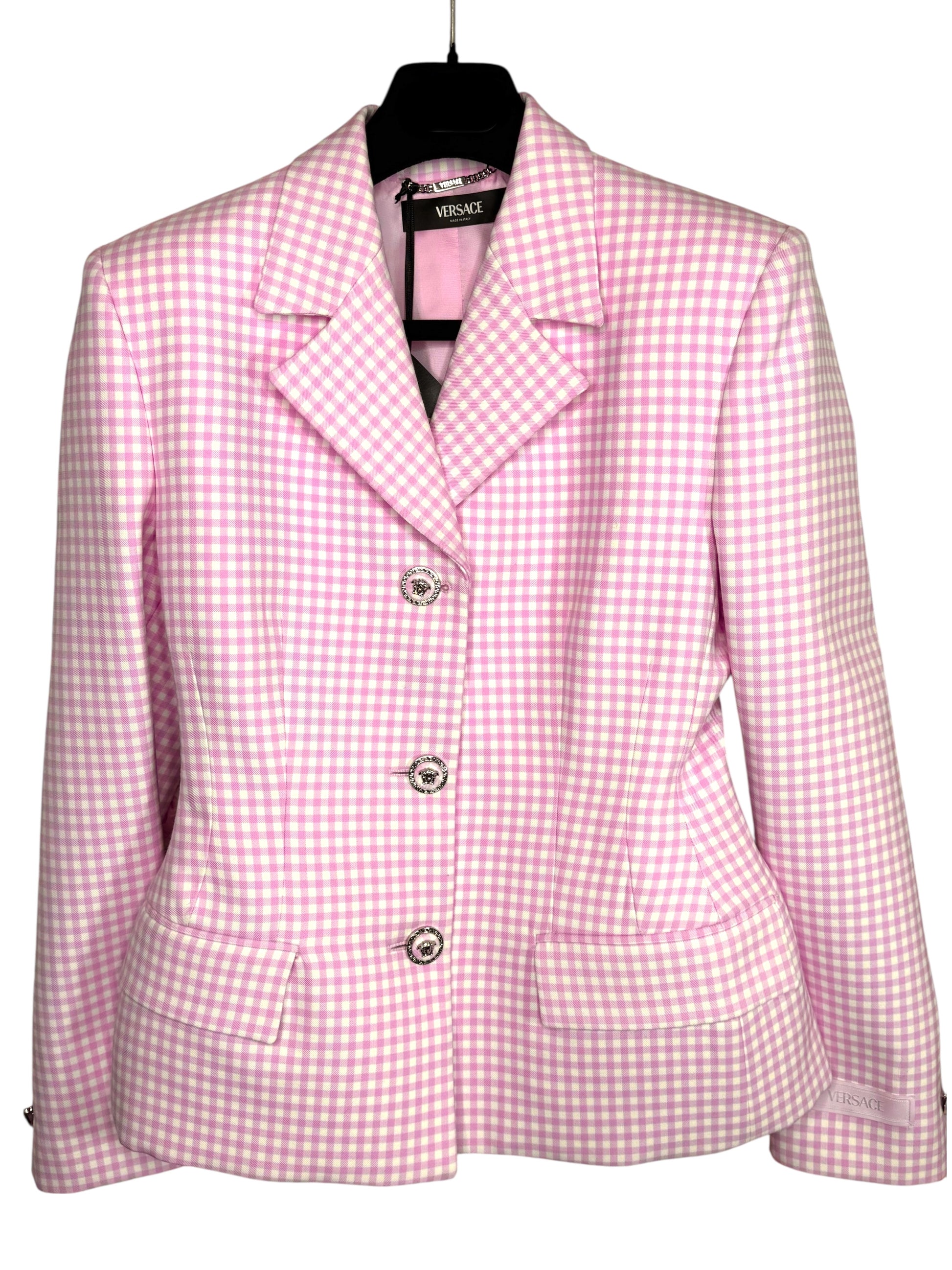 Blazer Versace donna lana vergine rosa vichy bottoni Medusa taglia 42 nuovo — foto 3