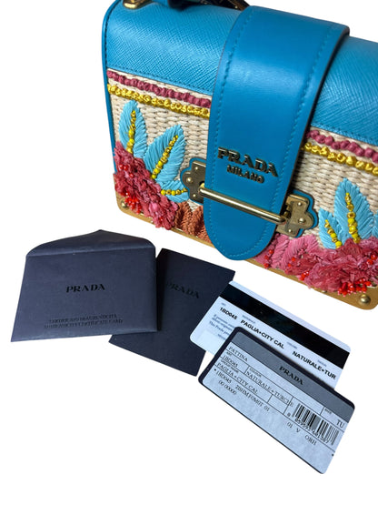 Prada borsa Cahier in pelle e raffia