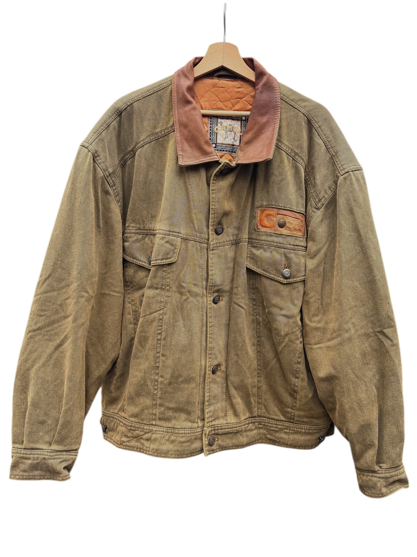 Giacca Camel Collection in cotone imbottita con colletto in pelle vintage