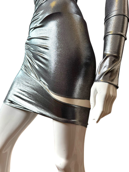 Mugler abito mini asimmetrico chrome silver, taglia 32 FR (36 IT – XXS)