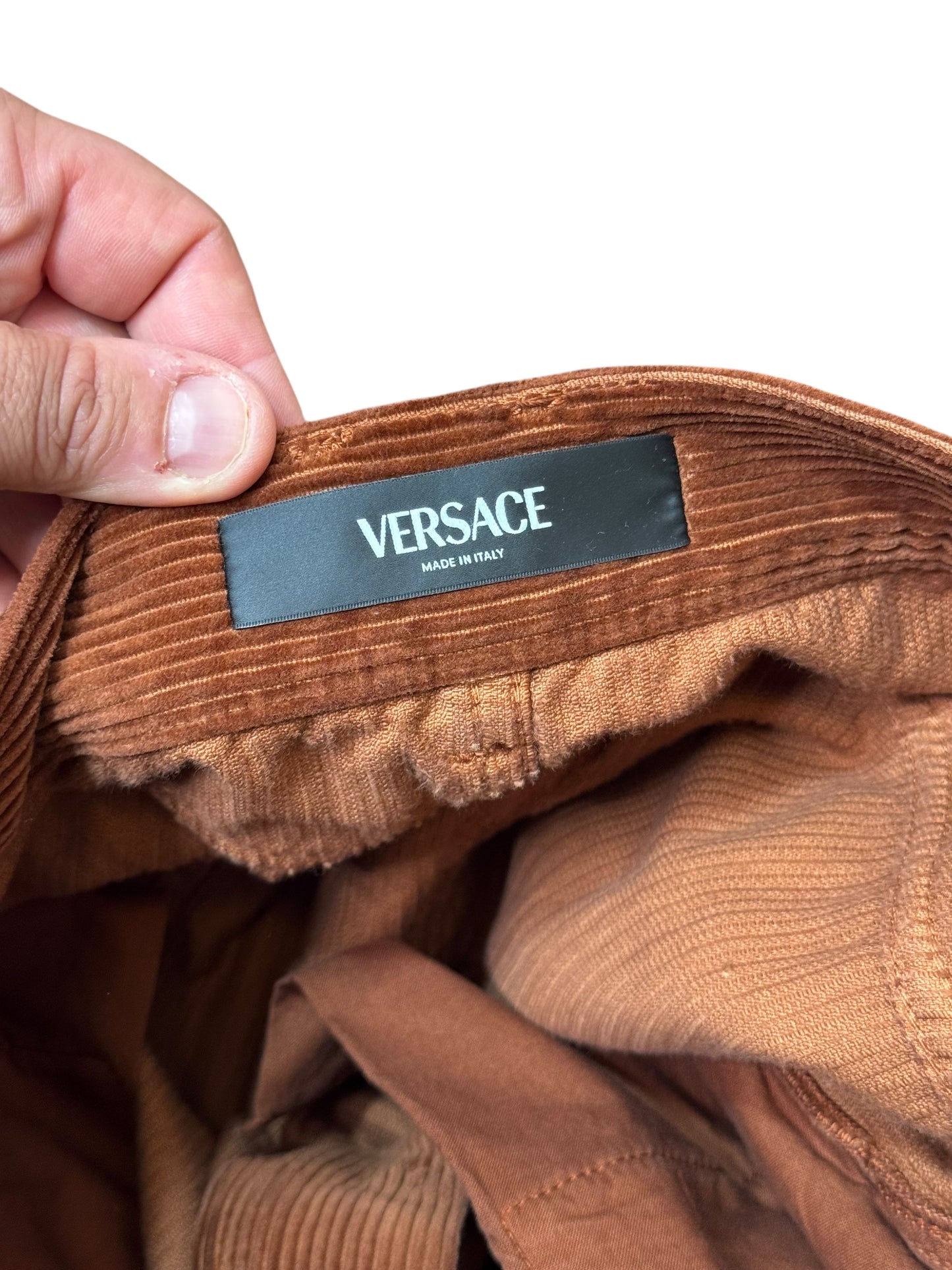Pantaloni uomo Versace in velluto a coste marrone con logo Medusa – Taglia 32.