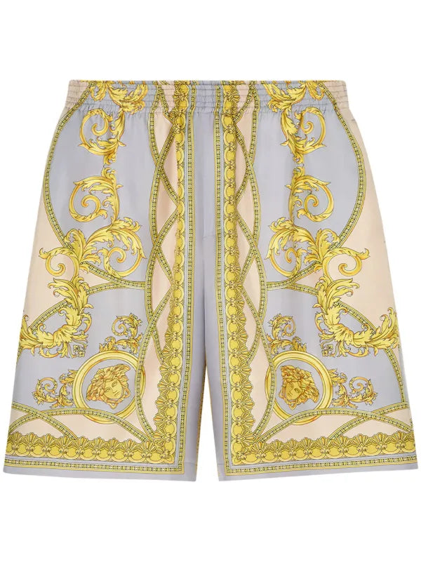 Shorts Versace in seta stampa barocca grigio e oro, nuovi con cartellino — foto 2