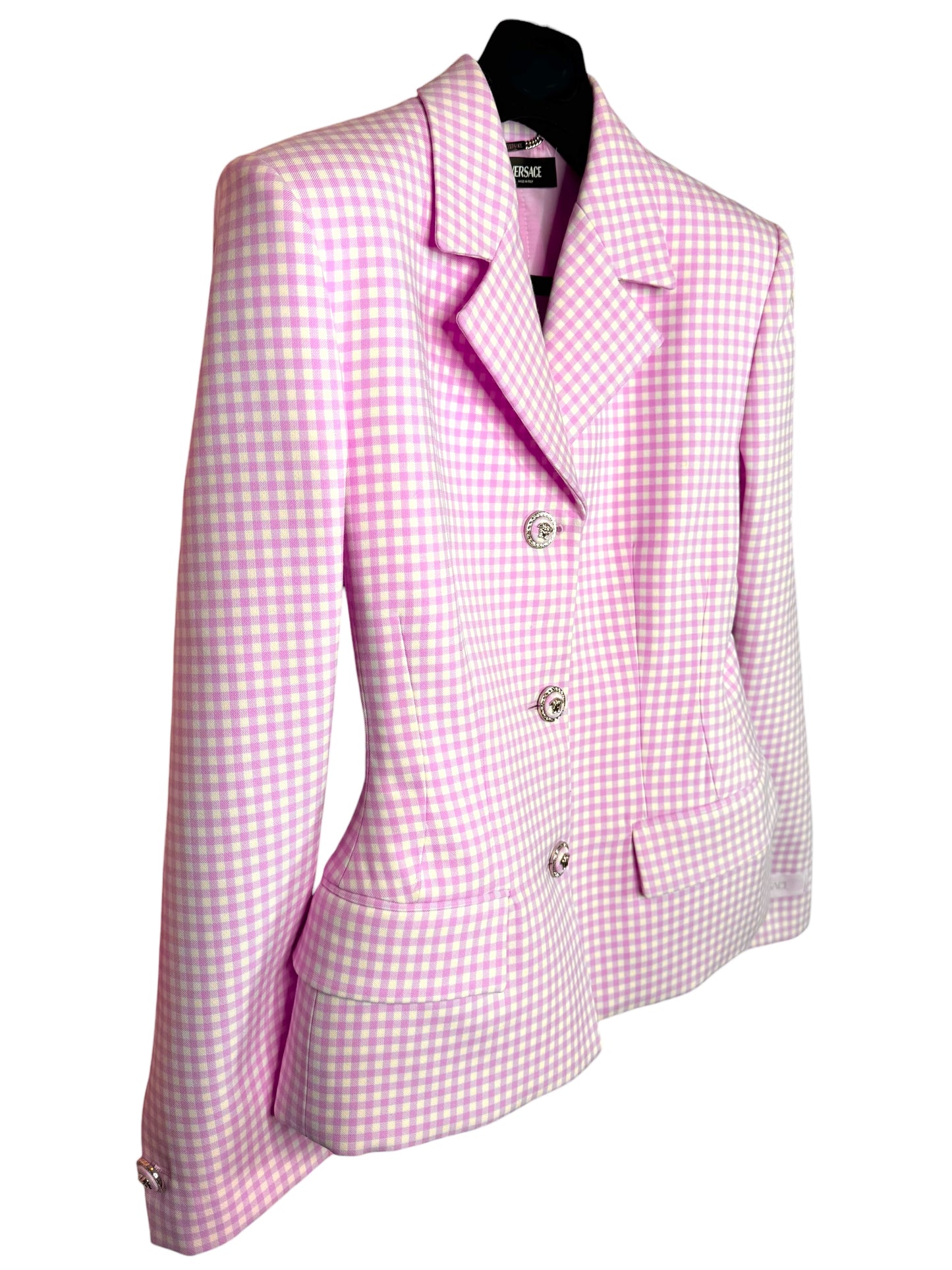 Blazer Versace donna lana vergine rosa vichy bottoni Medusa taglia 42 nuovo — foto 5