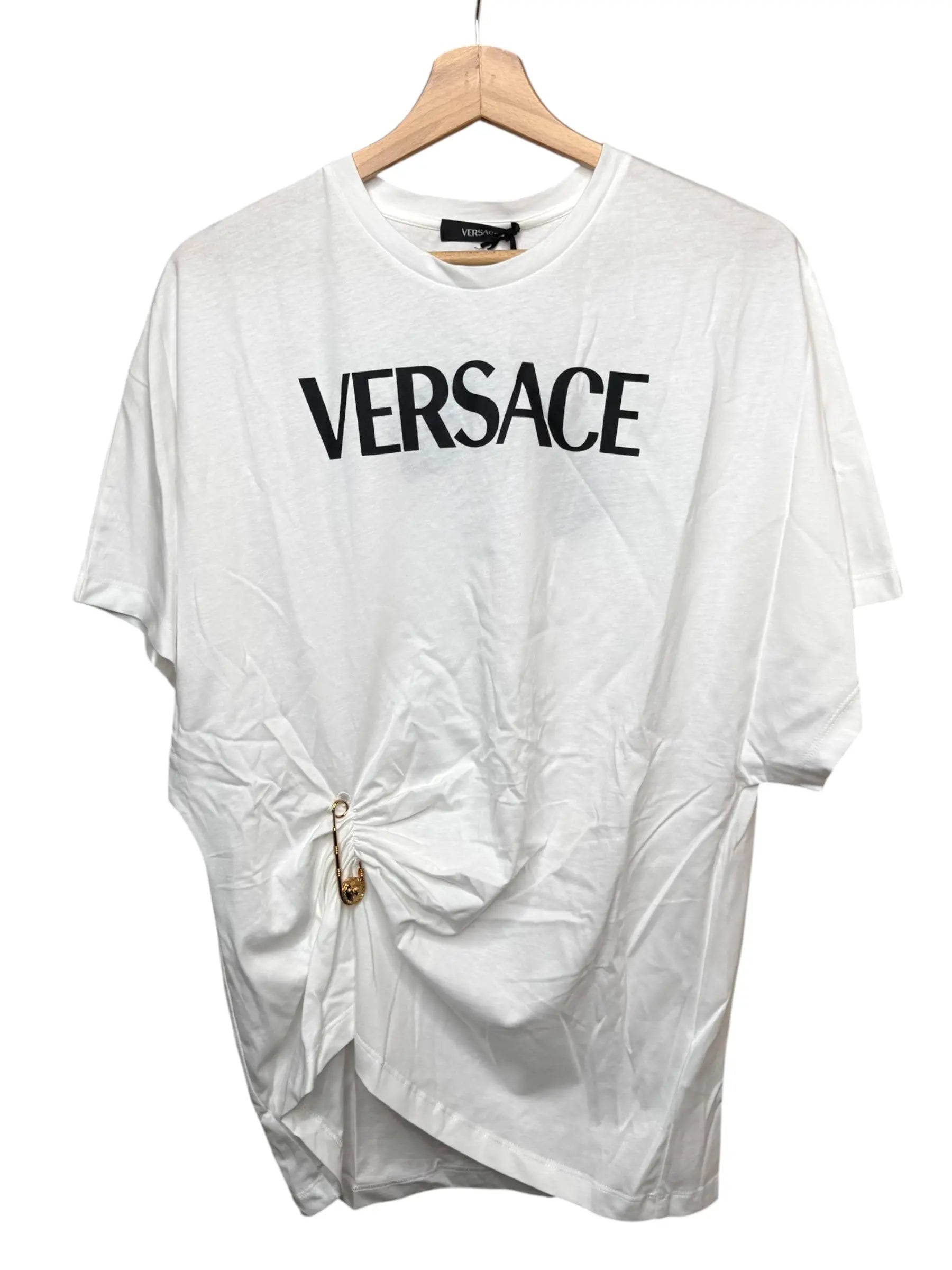 T-shirt Versace bianca logo nero con spilla taglia 38 oversize — foto 5