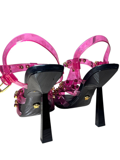 Sandali Versace in PVC rosa con cristalli e borchie Medusa – Taglia 39 IT – Made in Italy