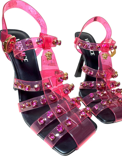 Sandali Versace in PVC rosa con cristalli e borchie Medusa – Taglia 39 IT – Made in Italy
