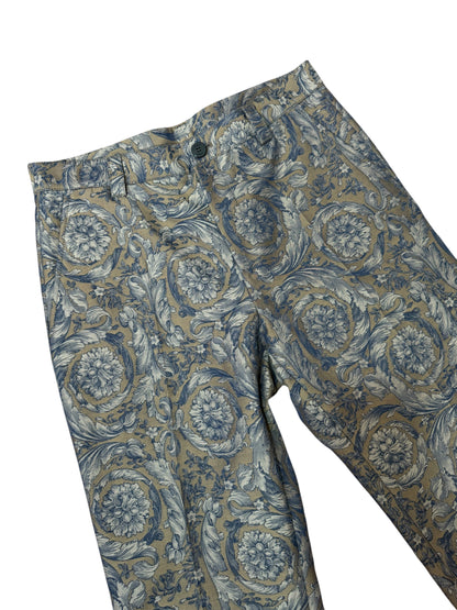 Versace Pantaloni Uomo Baroque Jacquard Floreale Blu Beige Taglia 48.