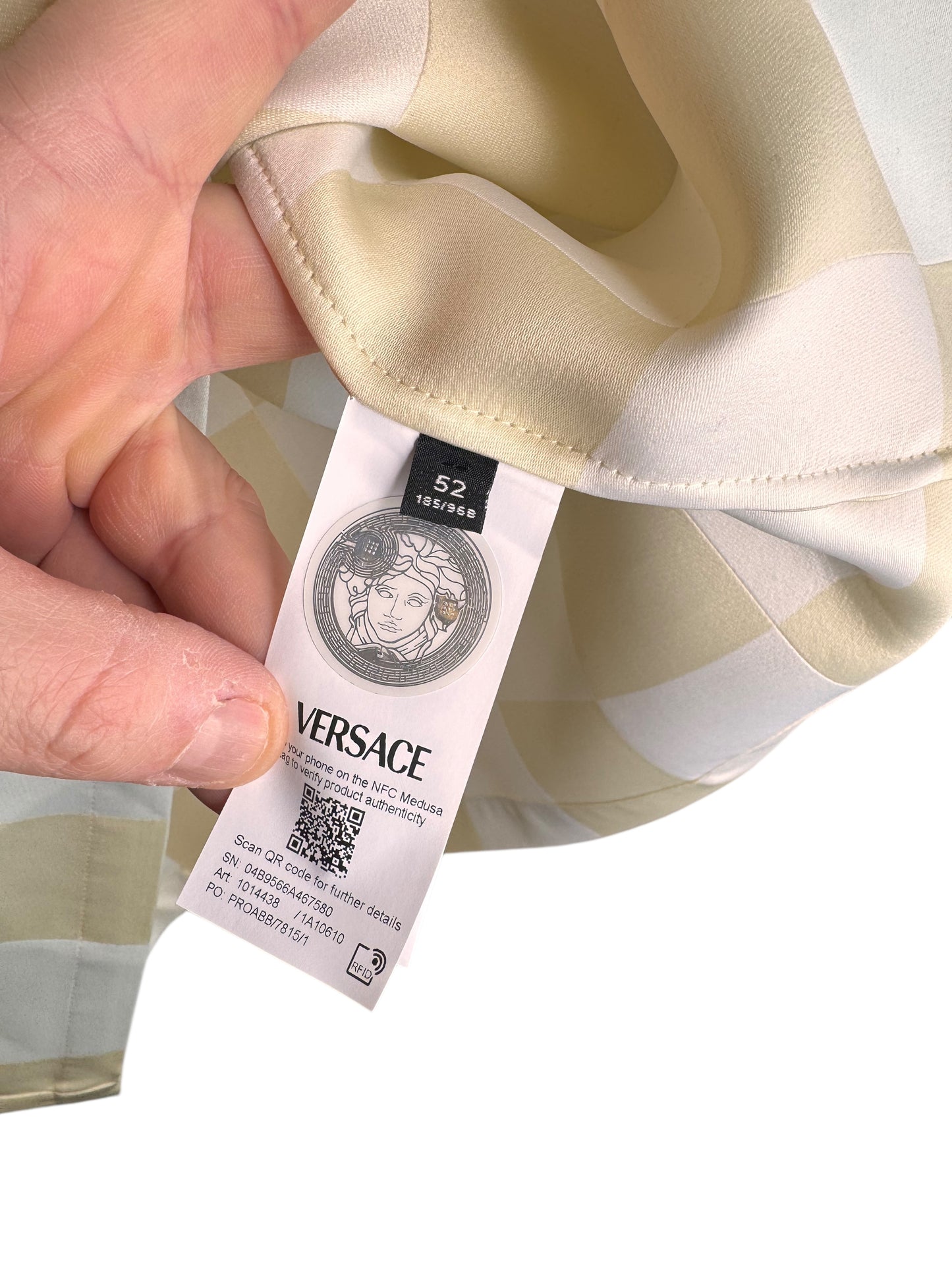 Polo Versace a scacchi misto seta duchesse, Made in Italy, nuova