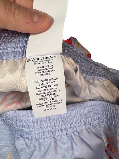 Shorts Versace in seta stampa marina azzurro, nuovi con cartellino