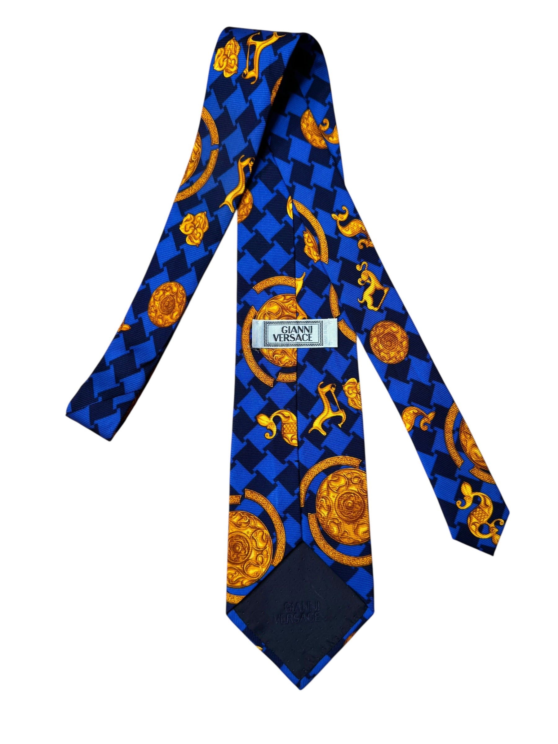 Cravatta Gianni Versace Vintage Seta Blu Meduse e Motivi Barocchi Oro — foto 3
