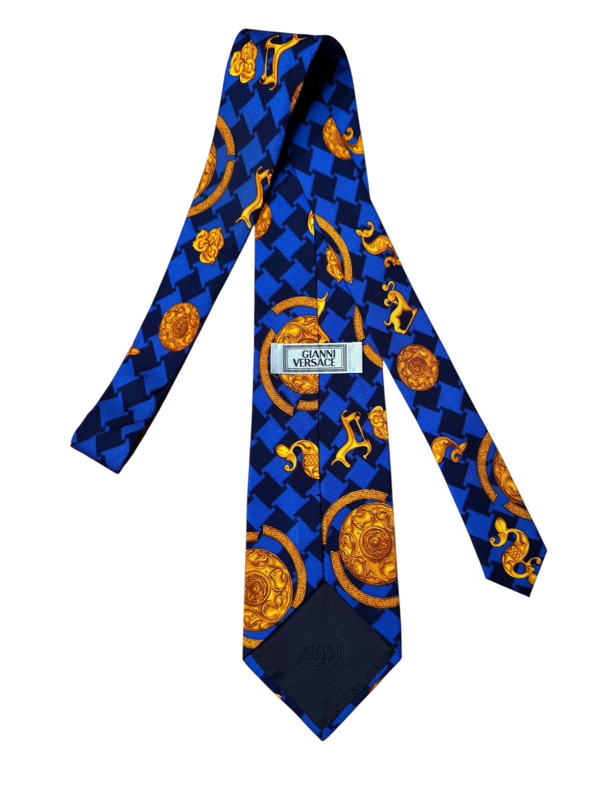 Cravatta Gianni Versace Vintage Seta Blu Meduse e Motivi Barocchi Oro — foto 3