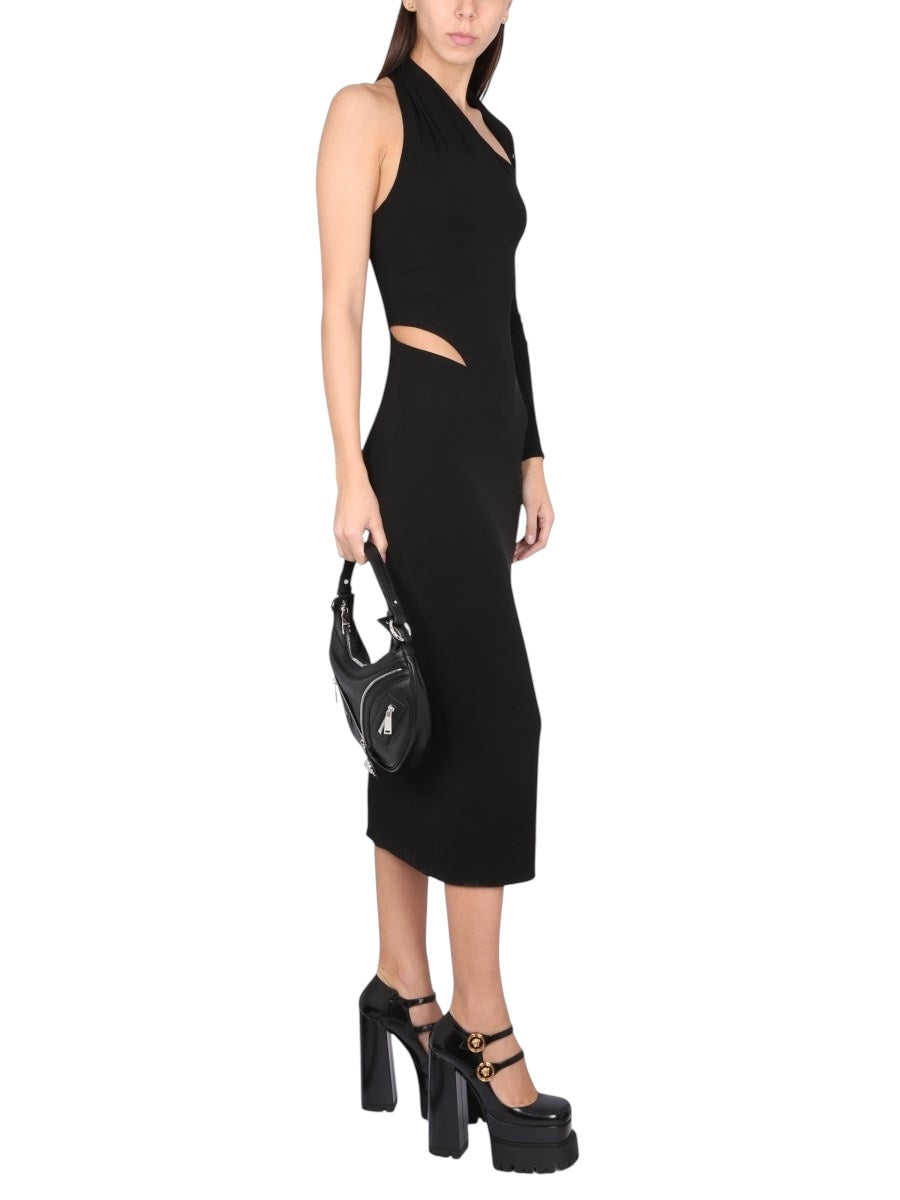 Versace Abito Nero Asimmetrico Monospalla Cut-Out - Taglia IT 38 - Made in Italy.